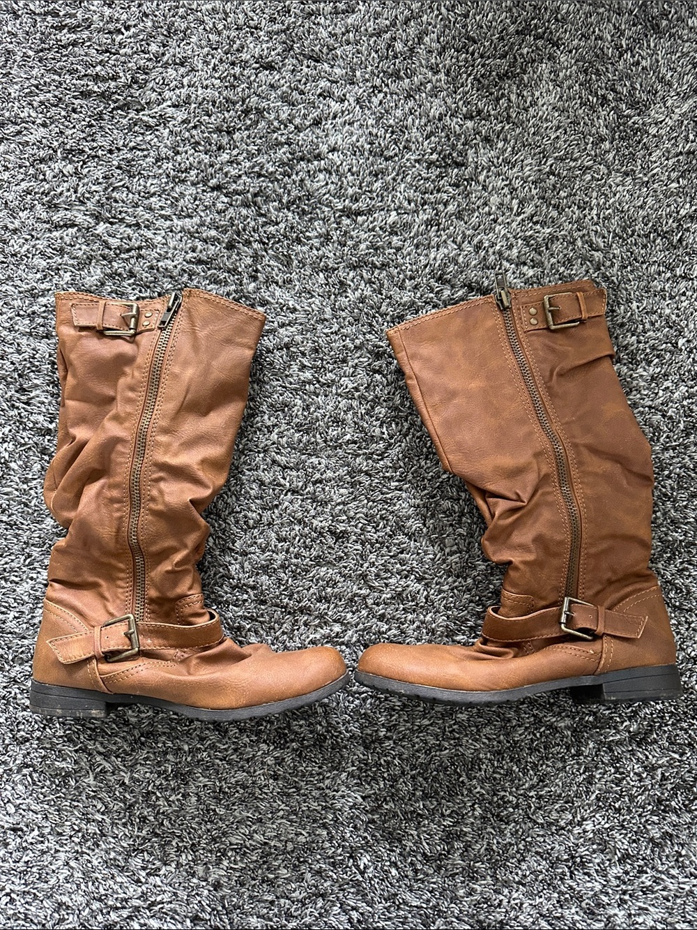 Material Girl Cognac Brown Lace-Up Mid-Calf Buckle Boots